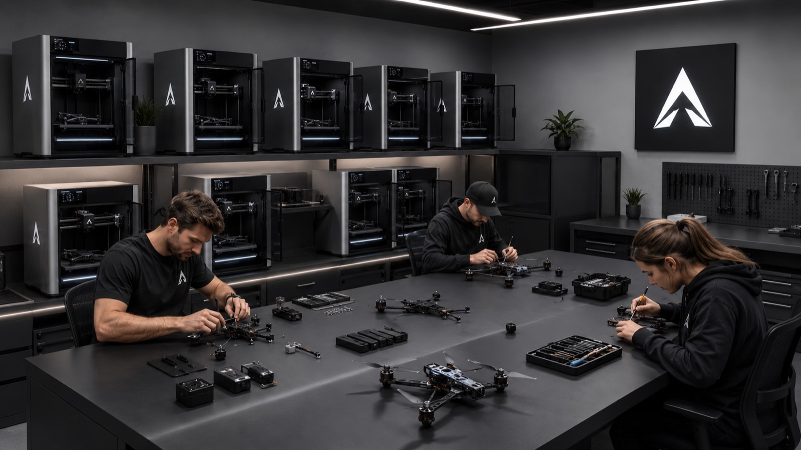 Kazi assembly cell — technicians building FPV airframes beside an additive print farm